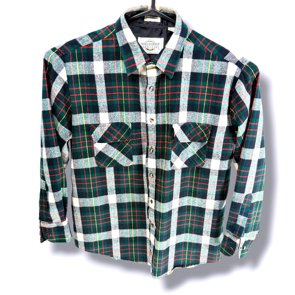 Northwest Territory Vintage Flannel Shirt Mens Large Green Plaid Tartan 80s L